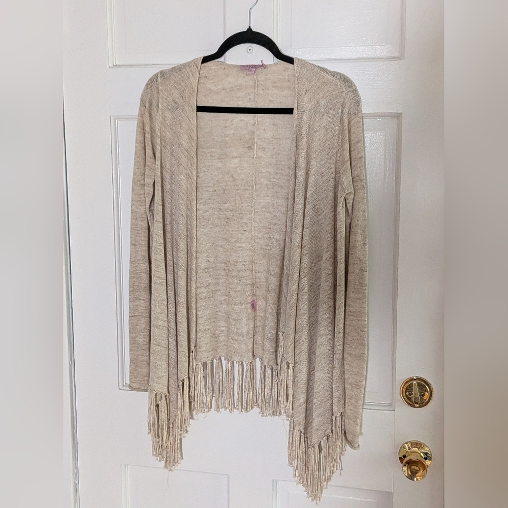 Calypso St Barth 100% Linen Fringe Open Cardigan Natural Boho Lightweight XS - Picture 2 of 5